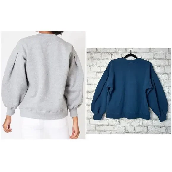 Ann Mashburn Sweatshirt Carmina Top Puff Sleeve Crew Neck Fleece Cotton Blue M